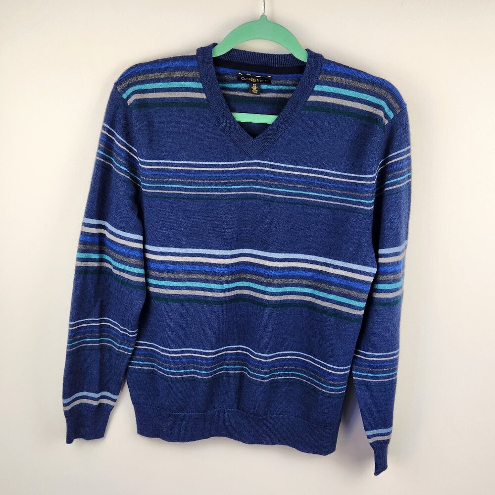 Club Room Merino Wool Blend Striped V-Neck Sweater sz M
